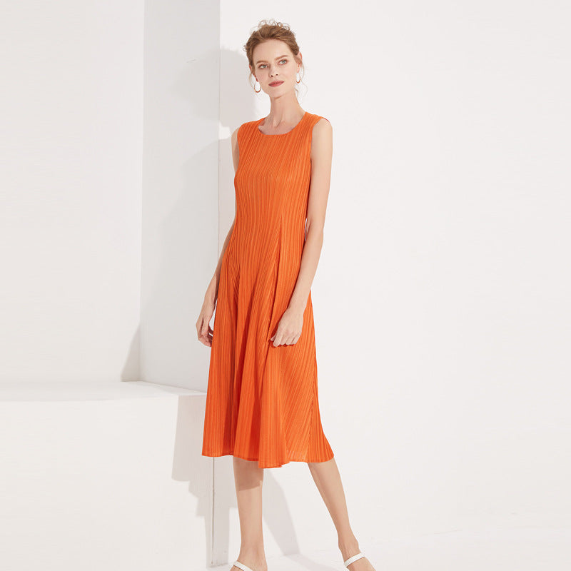 Pleated new product summer new round neck sleeveless temperament thin fashion loose dress, factory direct sales