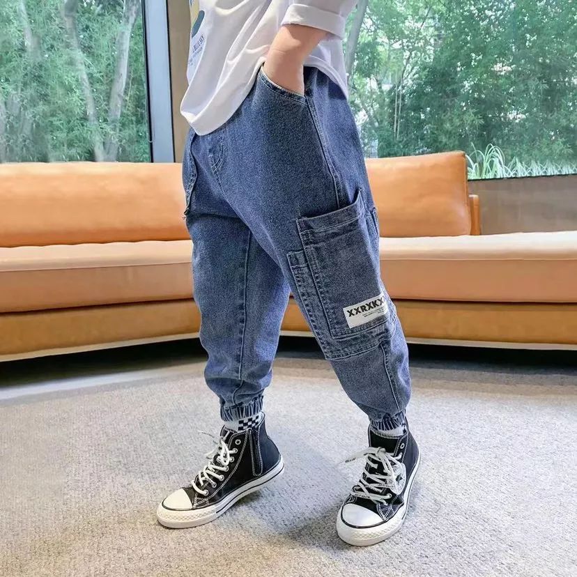 nvxiot Korean Children Jeans Pants Cotton Blue Denim Pants Legs Spring Fall Loose Cargo Pant Baby Teen Clothes Boys Pocket Trousers