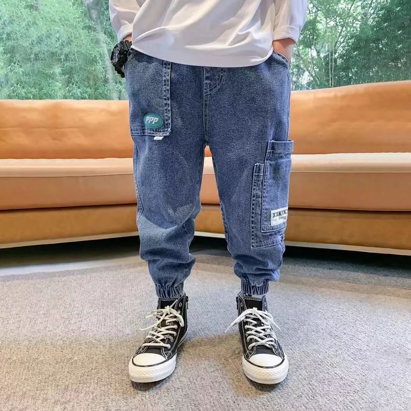 nvxiot Korean Children Jeans Pants Cotton Blue Denim Pants Legs Spring Fall Loose Cargo Pant Baby Teen Clothes Boys Pocket Trousers