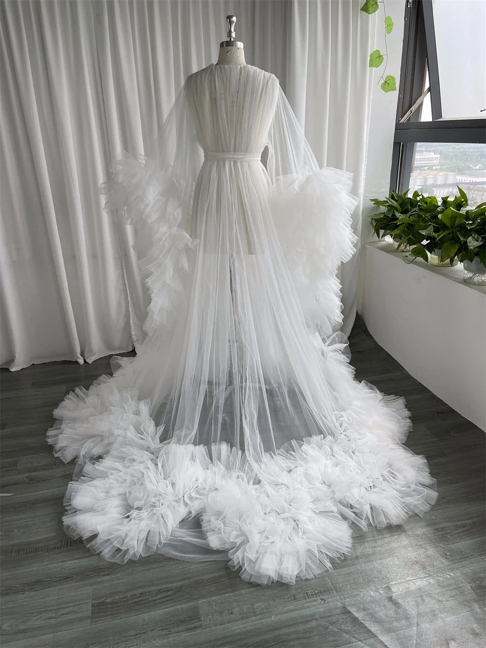 nvxiot - White Bridal Robe Maternity Dresses Women Long Tulle Bathrobe Dress Photo Shoot Birthday Bride Wed Fluffy Party Sleepwear