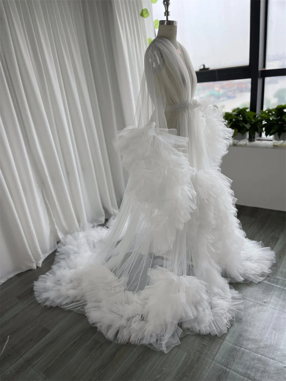 nvxiot - White Bridal Robe Maternity Dresses Women Long Tulle Bathrobe Dress Photo Shoot Birthday Bride Wed Fluffy Party Sleepwear