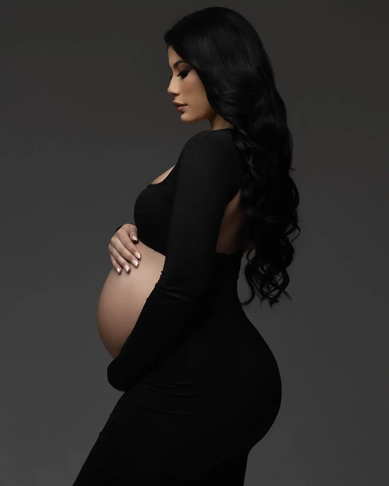 MQTIME - Maternity Dresses For Photoshoot Black Long Sleeve Backless Pregnancy Cut Out Maxi Gown Baby Shower Photography Pregnant Clothes