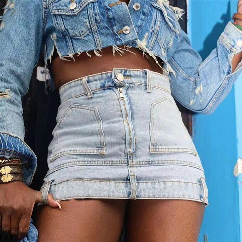 nvxiot - Women Summer Jeans Mini Skirts Button Zipper Pockets Vintage Hipster Denim Bottoms Dropship Wholesale Y2K Streetwear