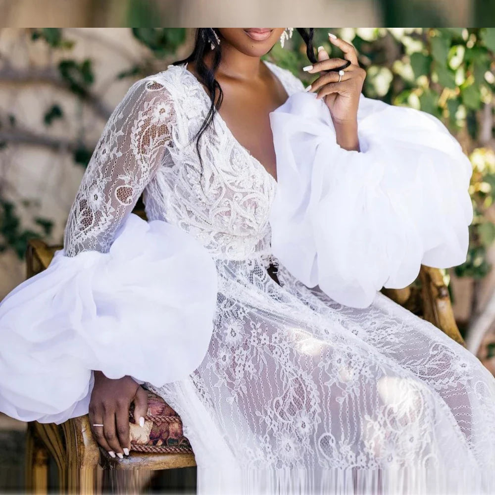 MQTIME - Extra Puffy Lace Wedding Robes for Bride Long Sleeve Kimono Pregnant Party Sleepwear Women Bathrobe Bridal Wrap