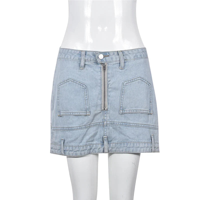 nvxiot - Women Summer Jeans Mini Skirts Button Zipper Pockets Vintage Hipster Denim Bottoms Dropship Wholesale Y2K Streetwear