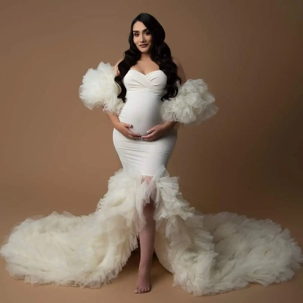 nvxiot - Ivory Mermaid Maternity Dresses for Photo Shoot Mixi Tulle Split Maternity Gowns Custom Made Bathrobe Sleepwear