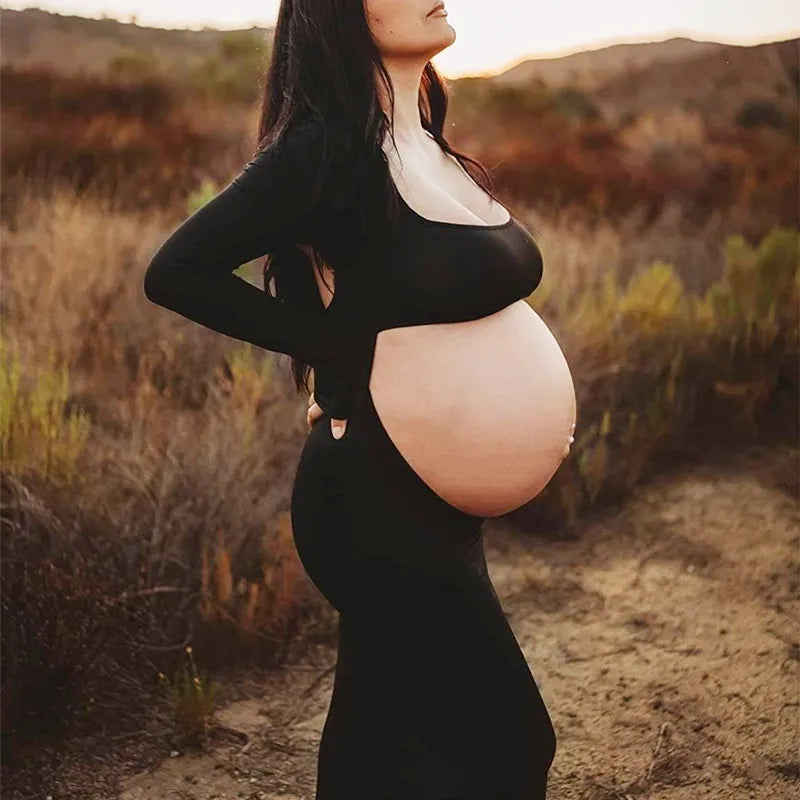 nvxiot - Maternity Dresses For Photoshoot Black Long Sleeve Backless Pregnancy Cut Out Maxi Gown Baby Shower Photography Pregnant Clothes