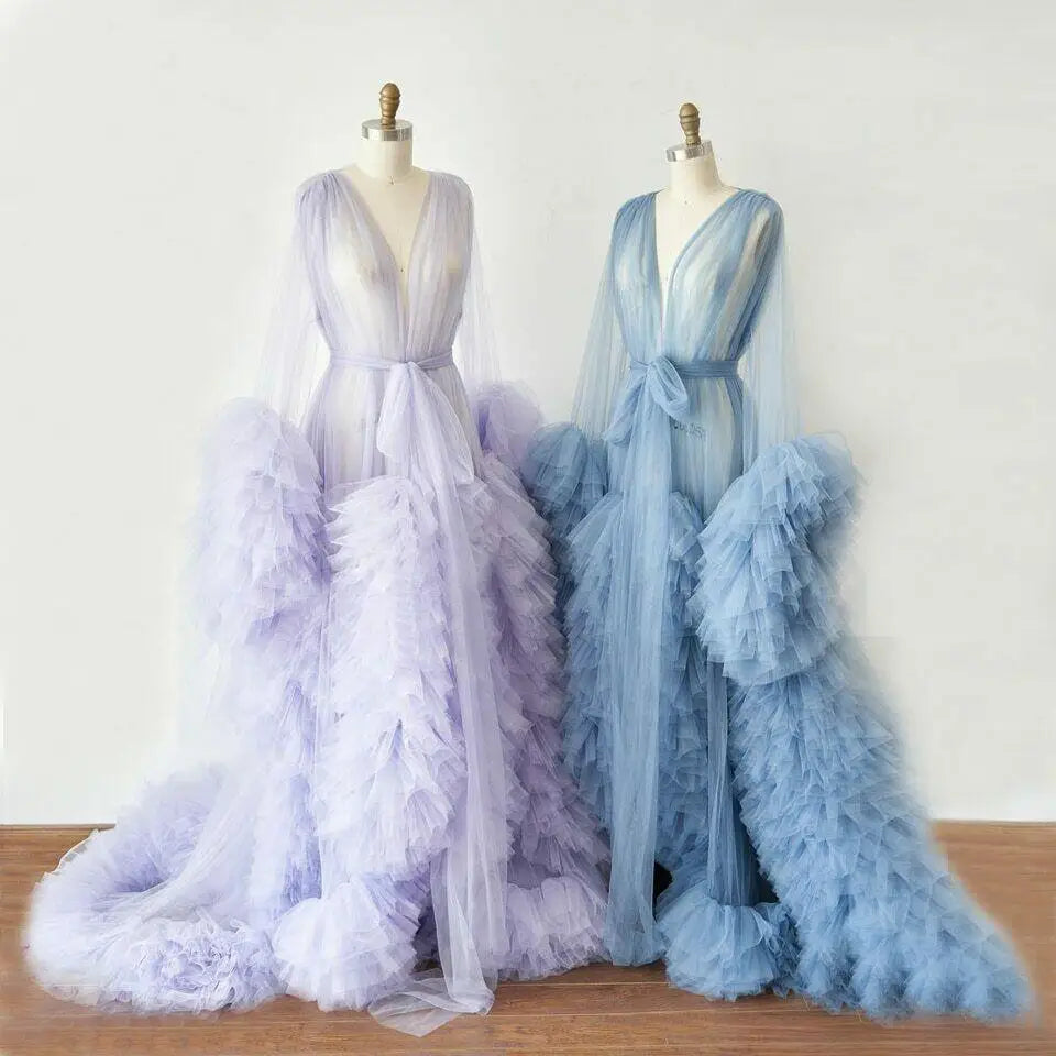 nvxiot - Maternity Robes Bathrobe Sky Blue Women Long Tulle Dresses Photo Shoot Birthday Party Bridal Fluffy Party Sleepwear Custom Made