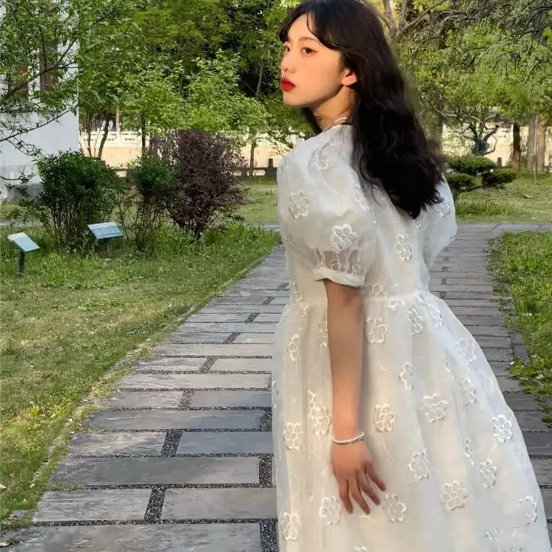 MQTIME - Summer Long Fairy Dress Women Sweet Mesh Hollow Out Designer Vintage Dress 2021 Elegant Korean High Waist Party Floral Dress