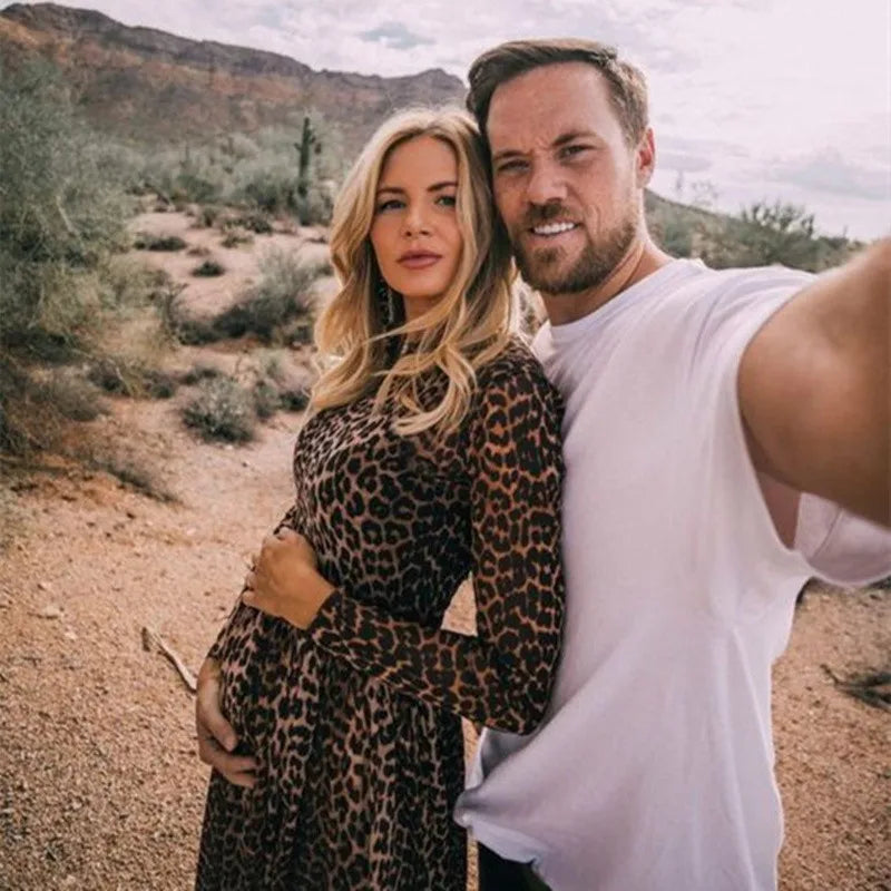 MQTIME - Maternity Dresses For Photo Shoot Long Sleeve Leopard Print Ruffled Pregnant Dress Photography Maternity Clothes Baby Shower