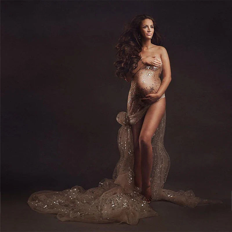 nvxiot - Tulle Bronzing Sexy Maternity Photography Dresses For Baby Showers Pregnancy Maxi Gown Long Pregnant Women Wrap Photo Shoot Prop