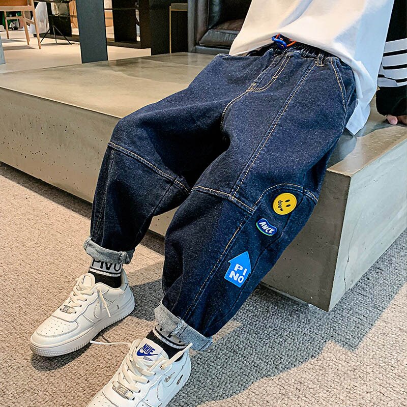 nvxiot New 4-14T Boy Jeans Dark Blue Denim Pants for Kids Trousers Teenage Clothing Elastic Waist Boy Cargo Pants Boy Jeans