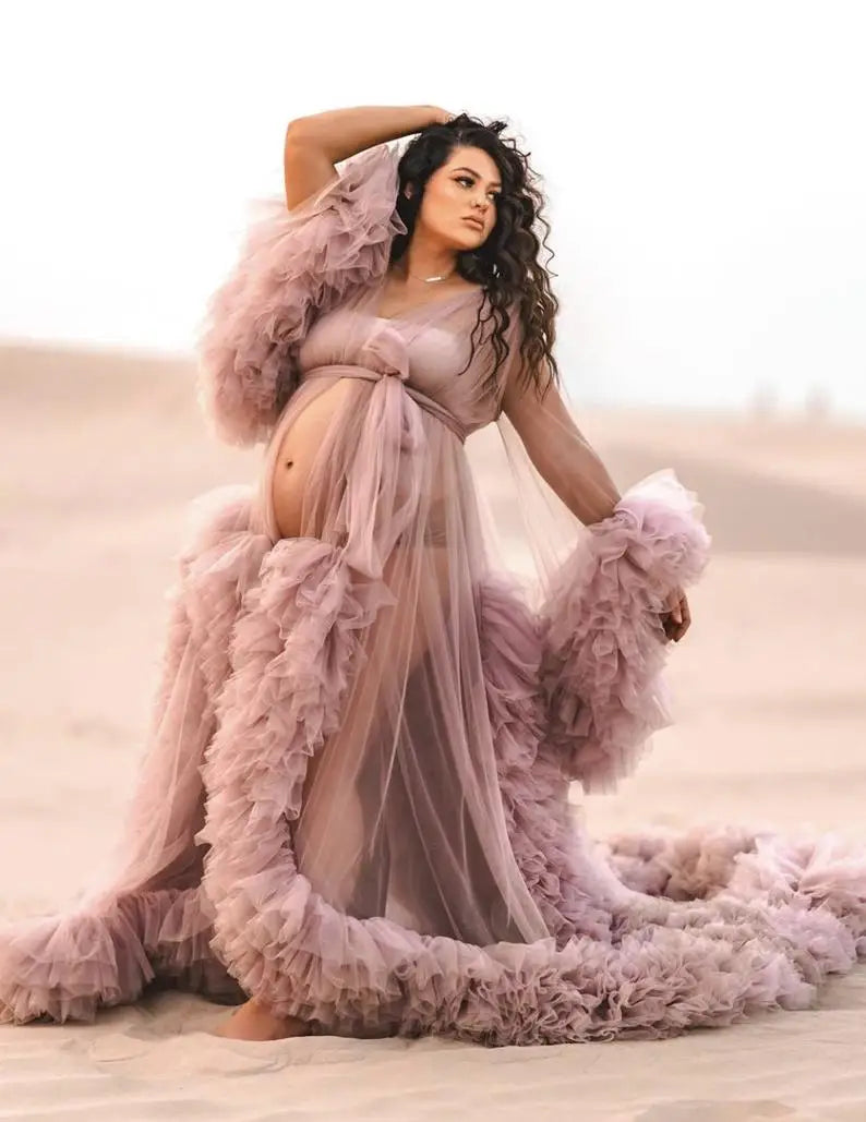 MQTIME - Pregnant Photo Bathrobe Pajam Robe Sexy Long Sleeves Lace Tulle Gowns Custom Made Bathrobe Mesh Prom Bridesmaid Shawl