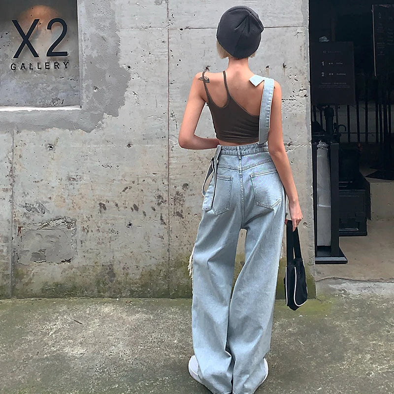 nvxiot - Casual Wide Leg Denim Overalls Rompers Women Straight Ripped Hole Mom Jeans Jumpsuit High Waist Loose Big Size Straps Baggy Pant