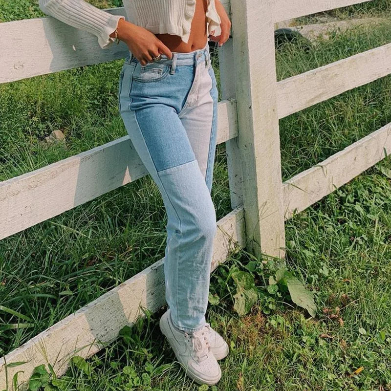 nvxiot - Indie Style 90s Women Jeans Patchwork High Waist Long Trousers Vintage Fashion Grunge Pants Autumn Summer Streetwear Harajuku