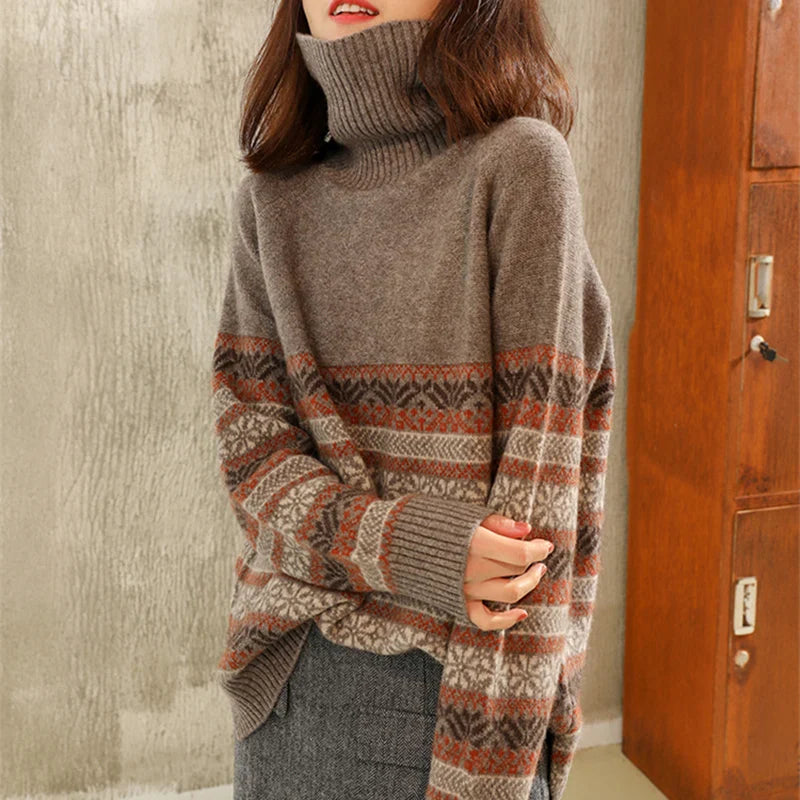 nvxiot National style turtleneck sweater women winter thickening cashmere jumpers wool knit bottom female long sleeve loose pullover