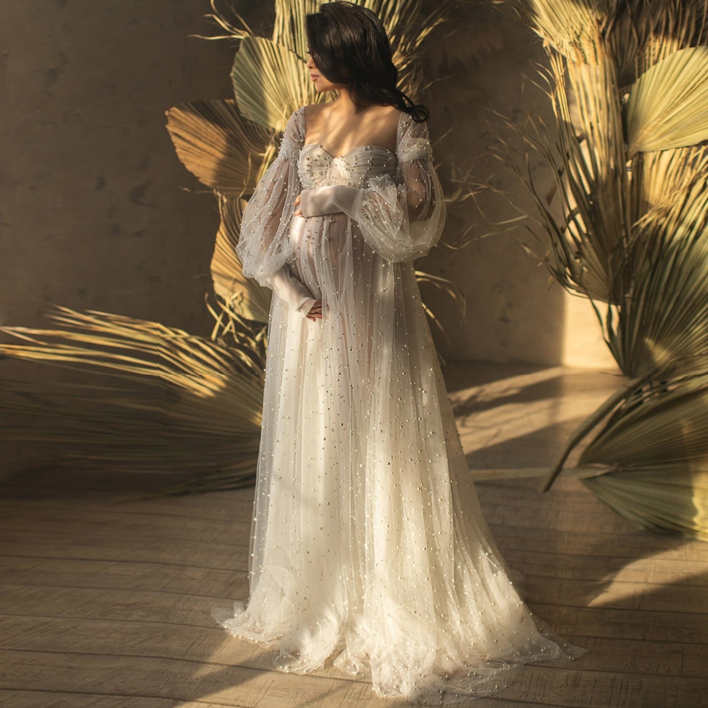 nvxiot Haute Couture Pearls Tulle Maternity Dress Luxurious Puffy Sleeves Photo Shooting Gowns See Thru Pearls Women Maternity Dresses