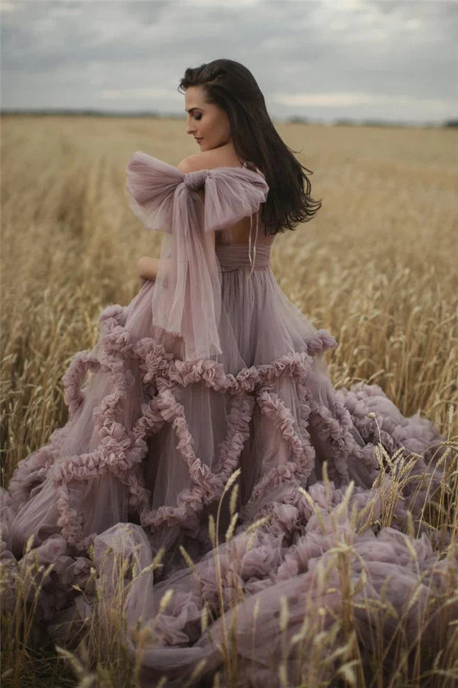 nvxiot - Dusty Pink Maternity Dress Robes for Photo Shoot or baby shower Ruffle Tulle Chic Women Dresses Nightgown Photography Robe