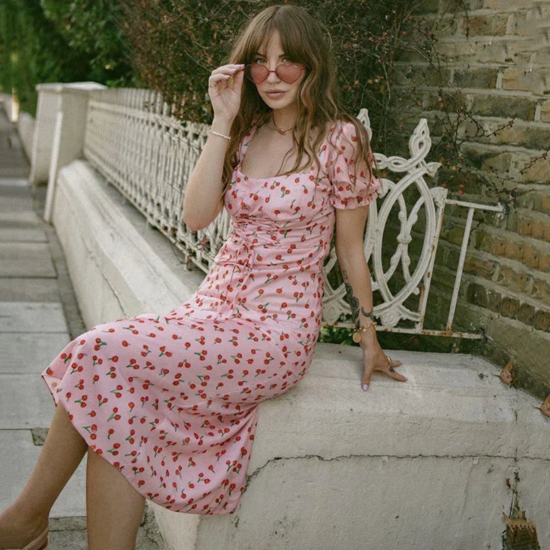 nvxiot Elegant Square Neck Cherry Floral Print Short Sleeve Dresses For Women High Waist Lace Up Summer Party Maxi Dress
