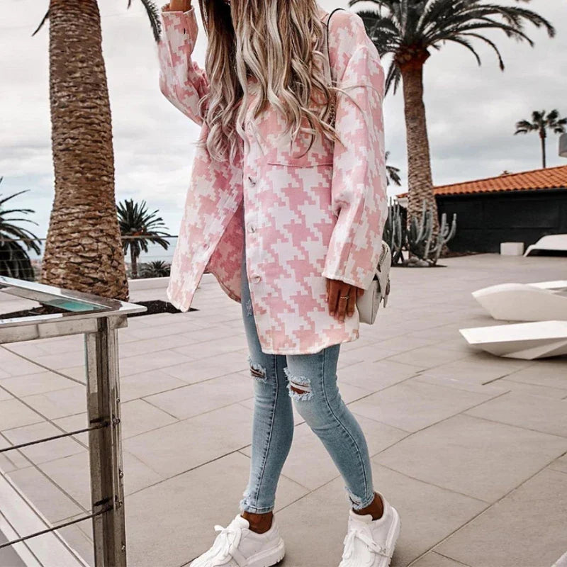 nvxiot Casual Houndstooth Long Coats Autumn Office Long Sleeve Ladies Jackets For Women Za Fashion Shirt Collar Outwear