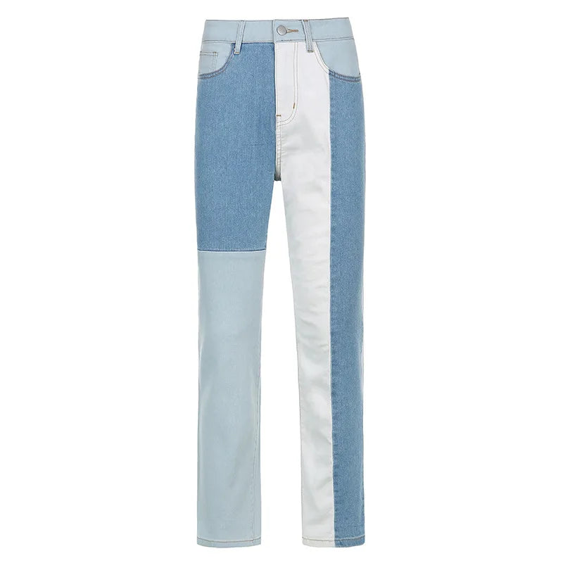 nvxiot - Indie Style 90s Women Jeans Patchwork High Waist Long Trousers Vintage Fashion Grunge Pants Autumn Summer Streetwear Harajuku