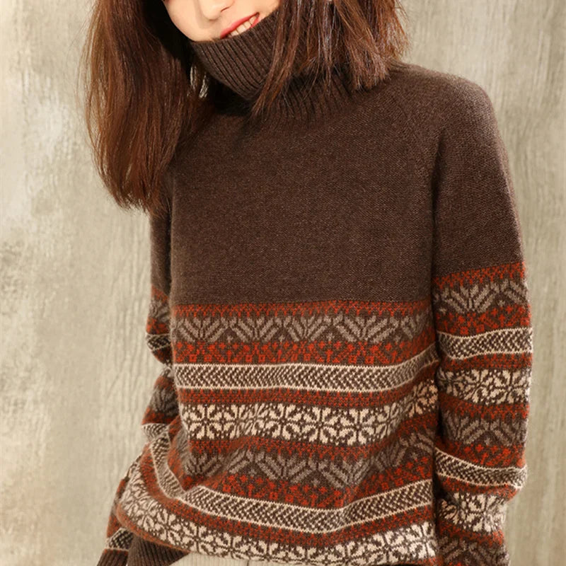 nvxiot National style turtleneck sweater women winter thickening cashmere jumpers wool knit bottom female long sleeve loose pullover