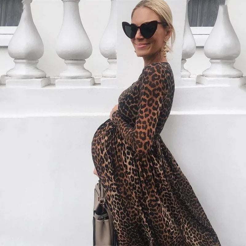 MQTIME - Maternity Dresses For Photo Shoot Long Sleeve Leopard Print Ruffled Pregnant Dress Photography Maternity Clothes Baby Shower