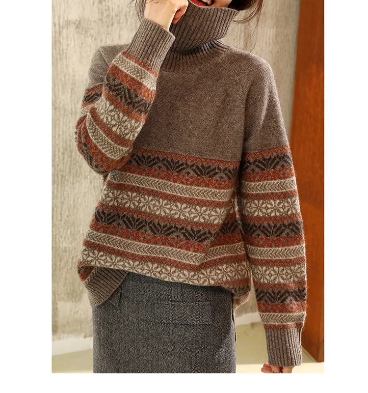 nvxiot National style turtleneck sweater women winter thickening cashmere jumpers wool knit bottom female long sleeve loose pullover