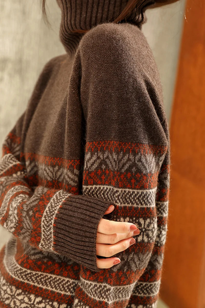 nvxiot National style turtleneck sweater women winter thickening cashmere jumpers wool knit bottom female long sleeve loose pullover