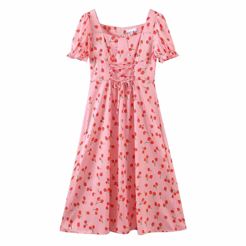 nvxiot Elegant Square Neck Cherry Floral Print Short Sleeve Dresses For Women High Waist Lace Up Summer Party Maxi Dress