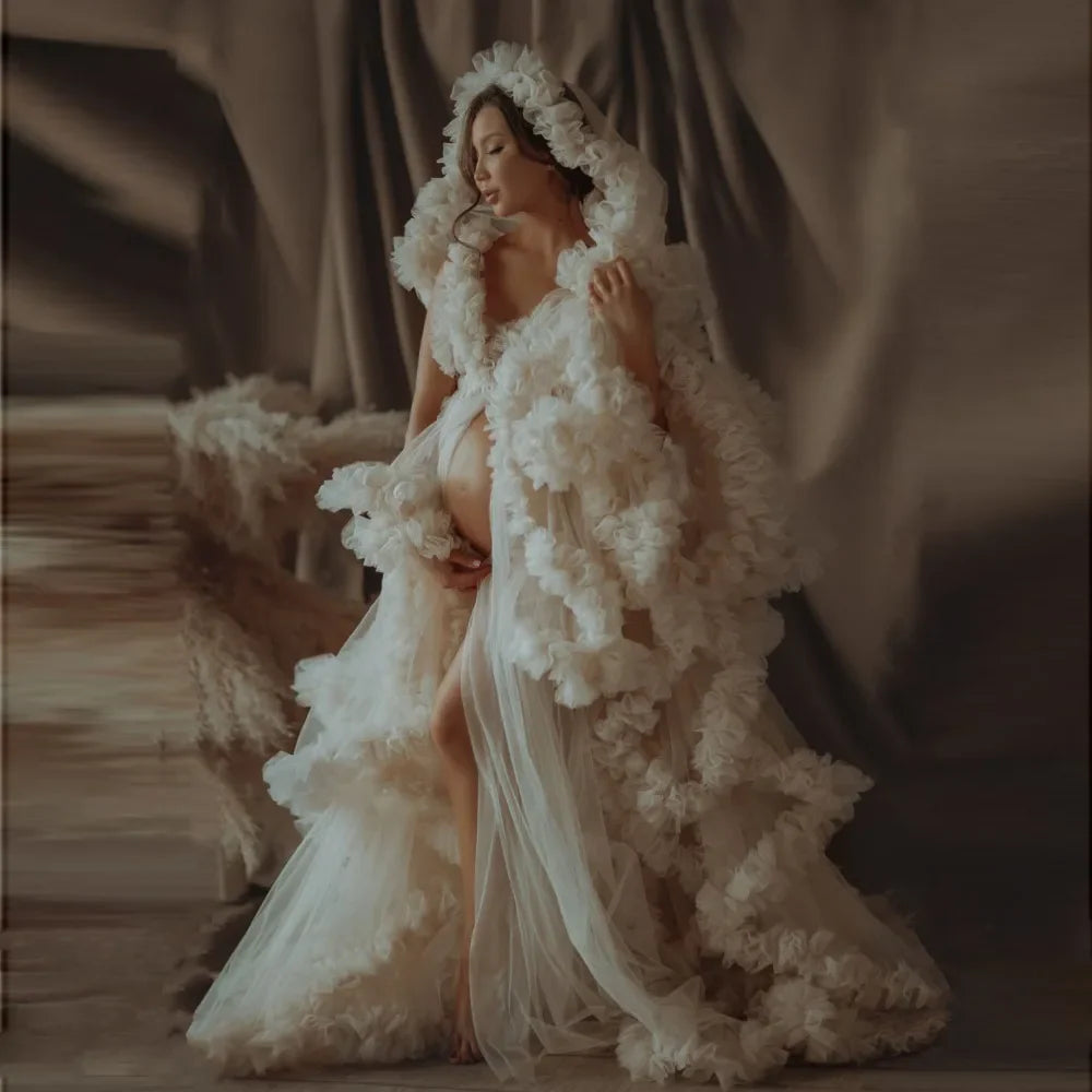 nvxiot - Luxury Birdal Tulle Robes With Hat Ruffled Long Summer Dress for Photoshoot Custom made Women Tulle Maternity Dressing Gowns