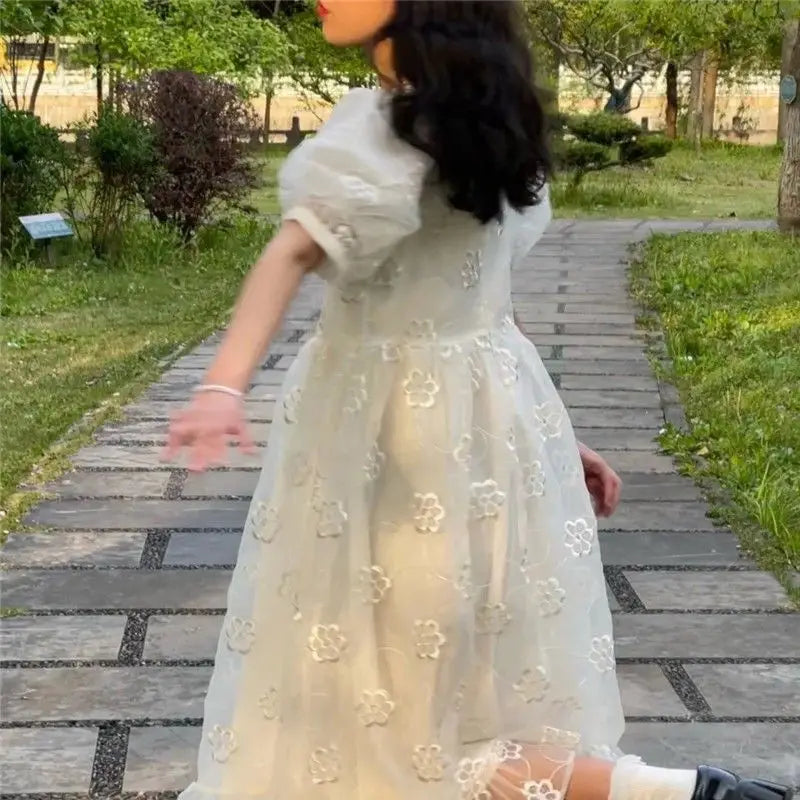 MQTIME - Summer Long Fairy Dress Women Sweet Mesh Hollow Out Designer Vintage Dress 2021 Elegant Korean High Waist Party Floral Dress