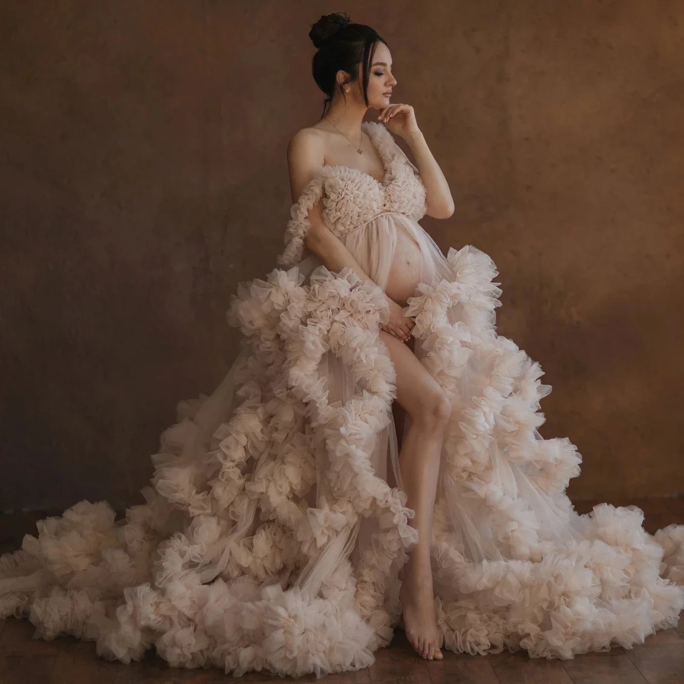 nvxiot - Puffy Ruffled Tulle Maternity Dress Women Robes for Photoshoot Extra Fluffy Pregnancy Dressing Gowns Front Split Maternity Gowns