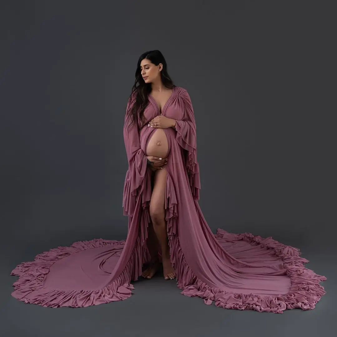 MQTIME - New Pregnant Women Photo Robes Sexy Deep V Neck Split Sweep Train Sleepwear Bathrobe Ladies Photo Shoot Bridesmaid Shawel