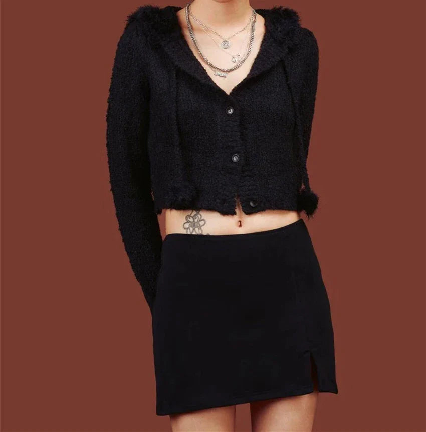 MQTIME - Women Two Colors Autumn Sexy Short Hairy Korean Fur Ball Fur Collar Fashion Hooded Single Breasted Sweater Women Knit Cardigan