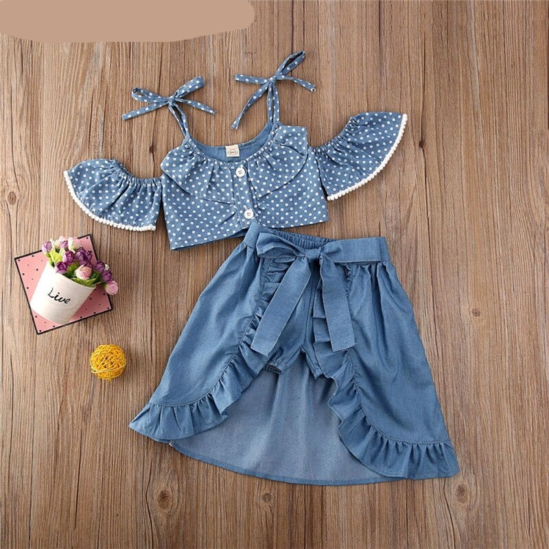 nvxiot Toddler Baby Girl Clothes Set Blue Dots Off Shoulder Top +Tied Skirts +Shorts 3PCS Suit Girl Clothes For 1to 5Y