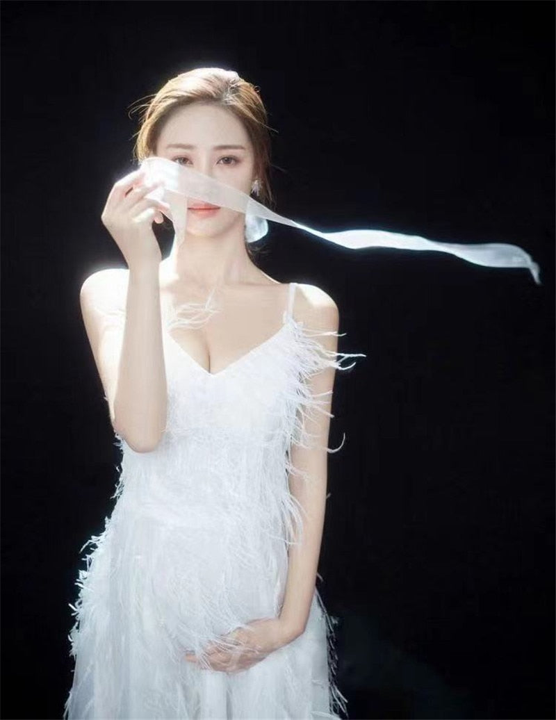 nvxiot Women Photography Props Feathers White Elegant Maternity Dresses Sleeveless Pregnancy Dress Studio Shooting Photo Props