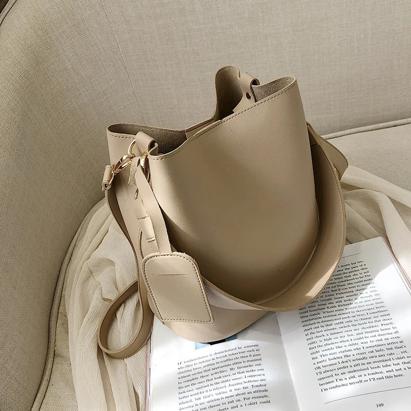 nvxiot - casual wide strap bucket bag designer women shoulder bags luxury pu crossbody bag large capacity messenger bag simply purse