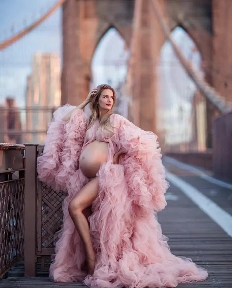 MQTIME - Pregnant Photo Bathrobe Pajam Robe Sexy Long Sleeves Lace Tulle Gowns Custom Made Bathrobe Mesh Prom Bridesmaid Shawl