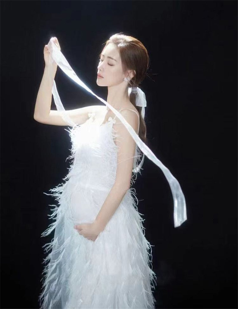 nvxiot Women Photography Props Feathers White Elegant Maternity Dresses Sleeveless Pregnancy Dress Studio Shooting Photo Props