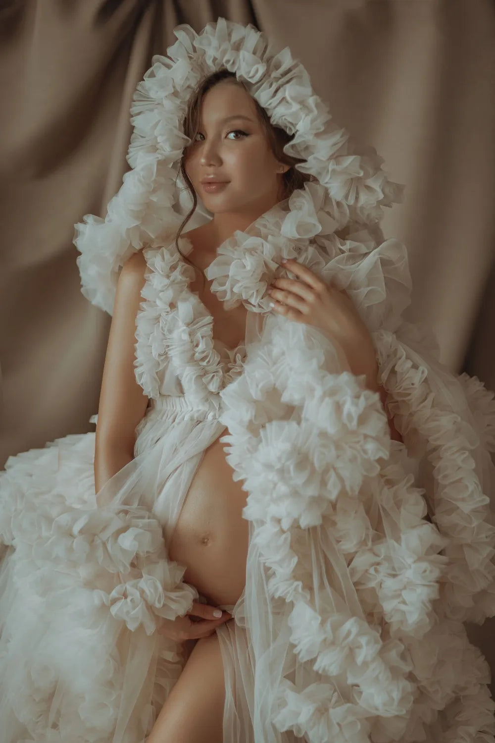 nvxiot - Luxury Birdal Tulle Robes With Hat Ruffled Long Summer Dress for Photoshoot Custom made Women Tulle Maternity Dressing Gowns