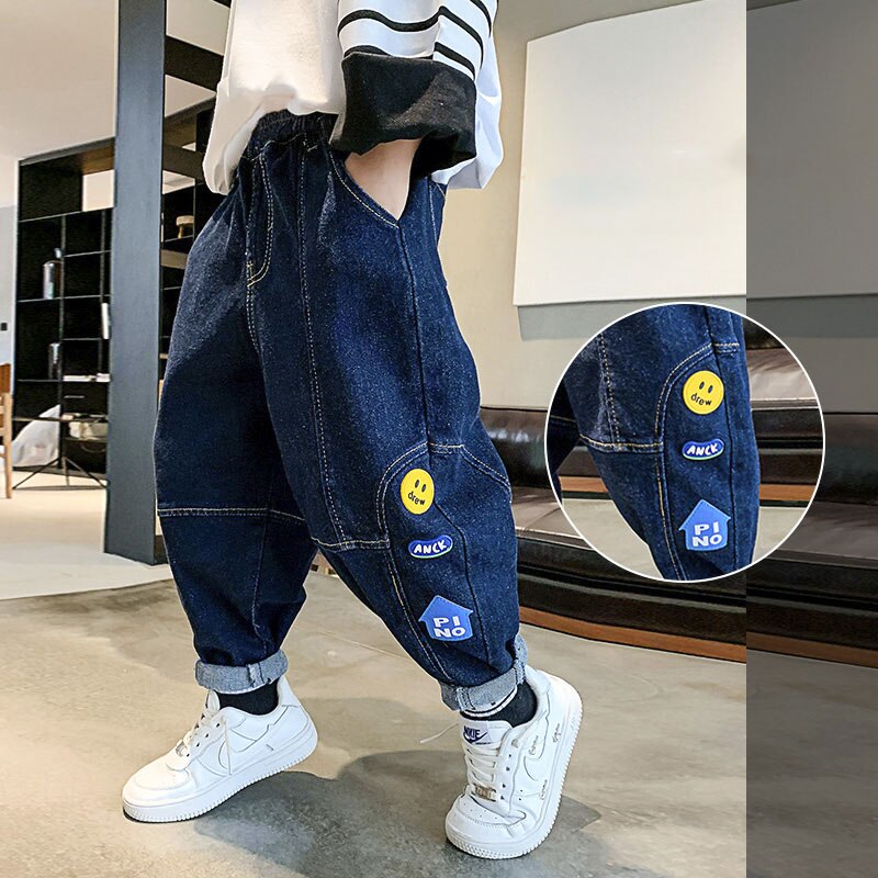 nvxiot New 4-14T Boy Jeans Dark Blue Denim Pants for Kids Trousers Teenage Clothing Elastic Waist Boy Cargo Pants Boy Jeans