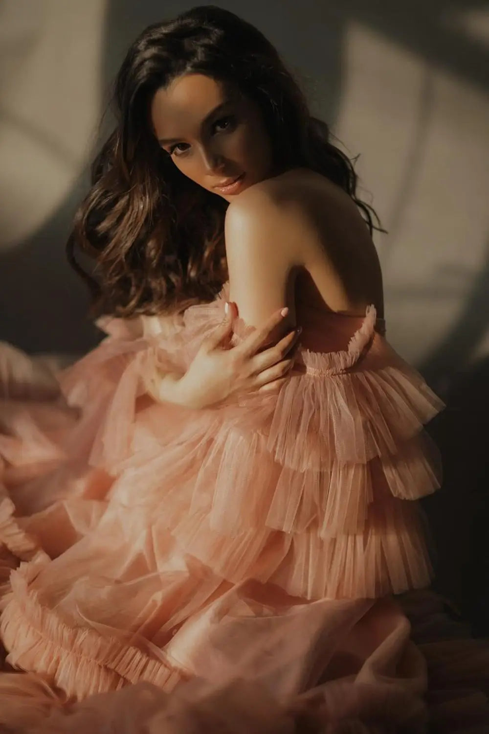 nvxiot - Sweet Heart Collar Maternity Tulle Robe Long Length Off The Shoulder Sheer Tulle Maternity Dress See Through Blush Pink Gown