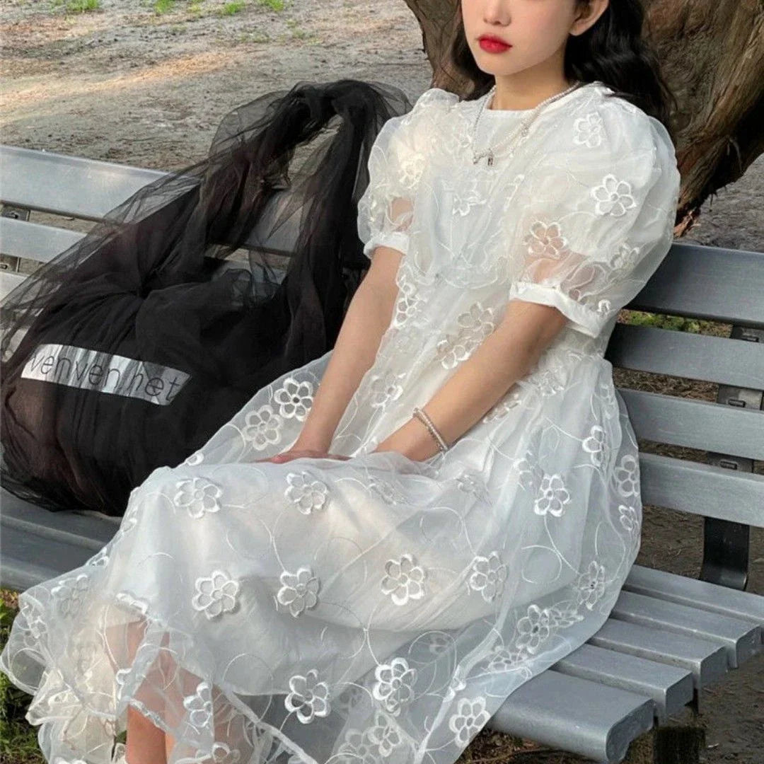 MQTIME - Summer Long Fairy Dress Women Sweet Mesh Hollow Out Designer Vintage Dress 2021 Elegant Korean High Waist Party Floral Dress