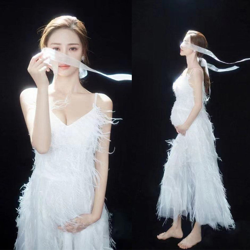 nvxiot Women Photography Props Feathers White Elegant Maternity Dresses Sleeveless Pregnancy Dress Studio Shooting Photo Props