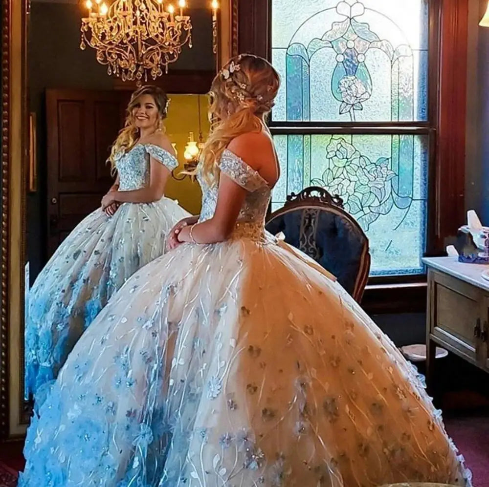 MQTIME - Sweet 16 Princess Quinceanera Dresses Custom Made Sexy Off Shoulder 3D Lace Appliques Formal Pageant Ball Gown for Girls
