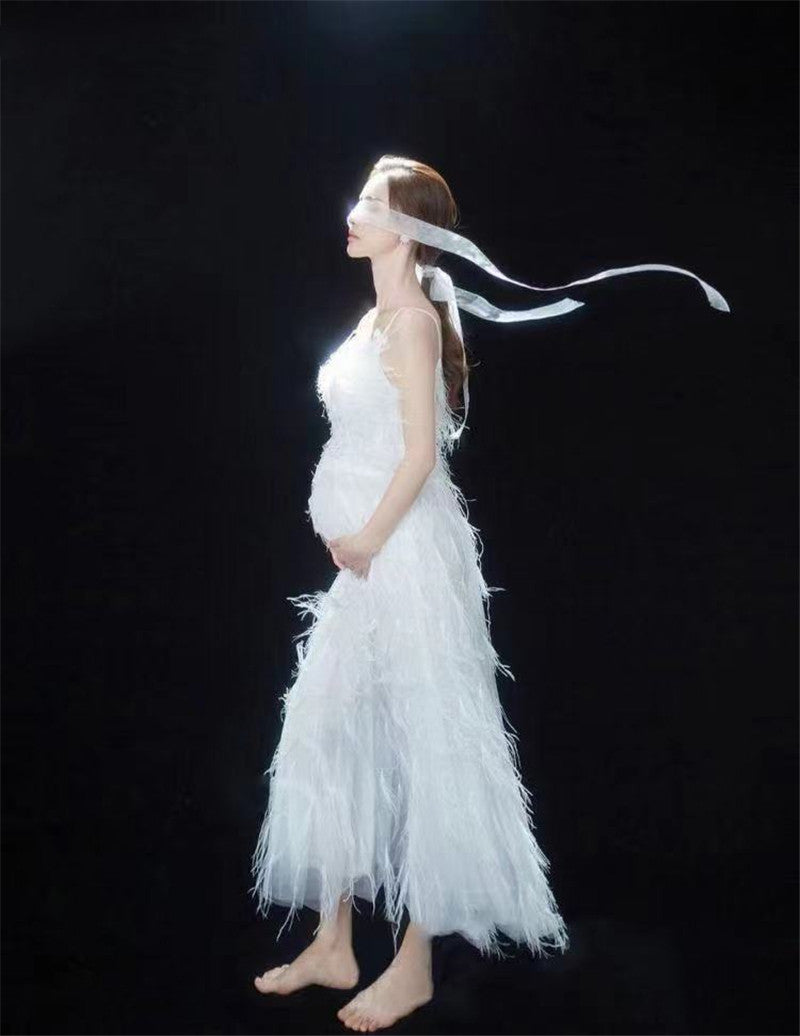 nvxiot Women Photography Props Feathers White Elegant Maternity Dresses Sleeveless Pregnancy Dress Studio Shooting Photo Props