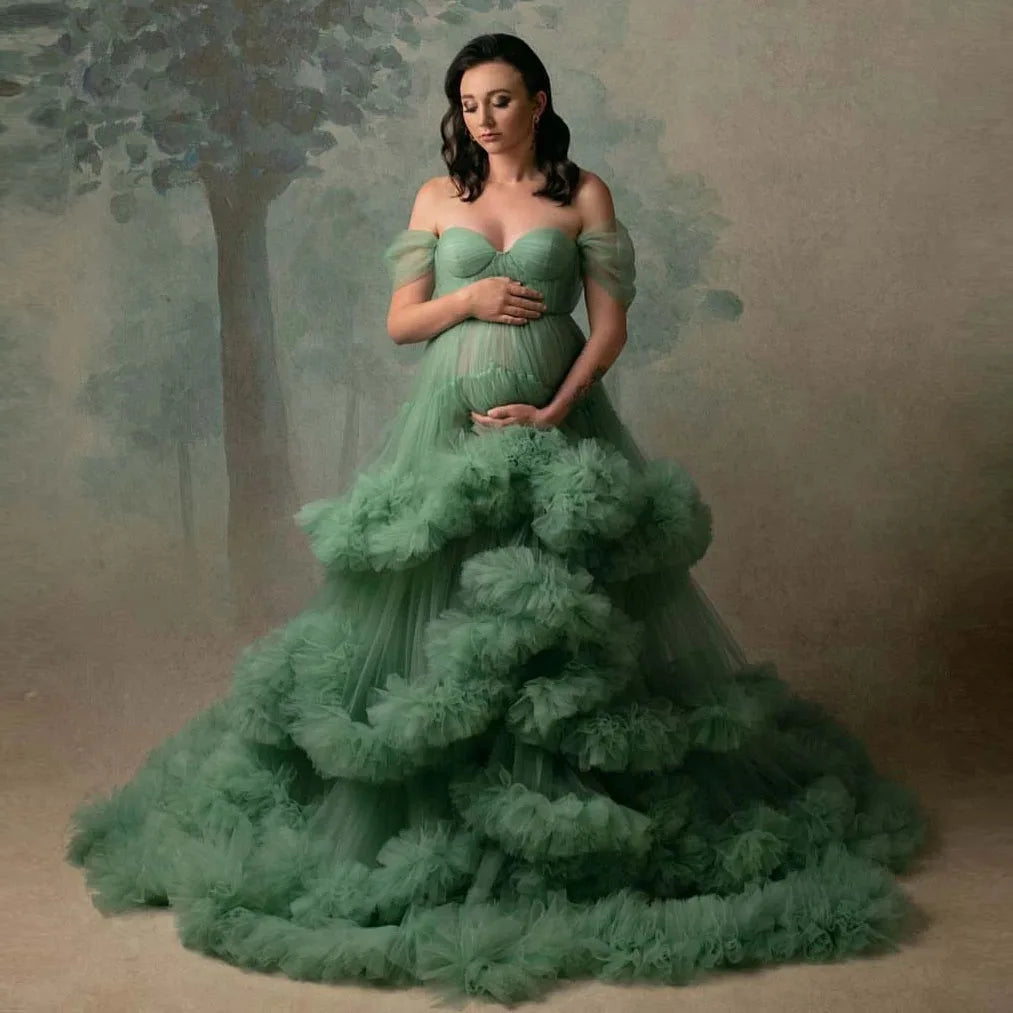 nvxiot - Sage Green Pregnancy Maternity Gown Photo Shooting Dresses Fluffy Layered Tulle Maternity Dress for Photography Custom