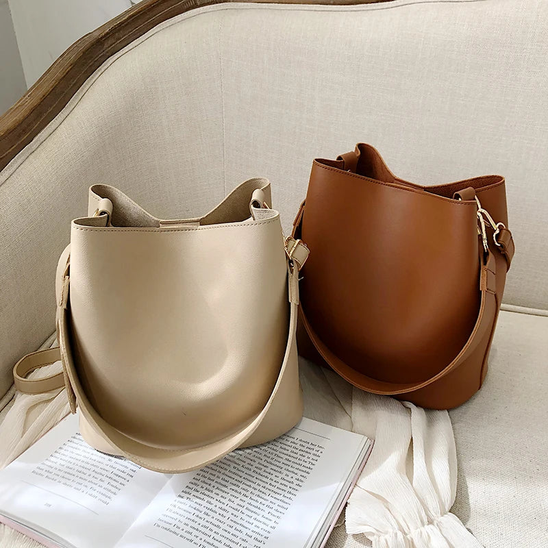 nvxiot - casual wide strap bucket bag designer women shoulder bags luxury pu crossbody bag large capacity messenger bag simply purse