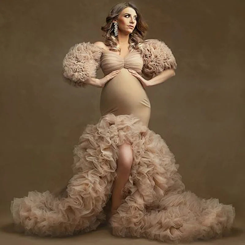 nvxiot - Floral Ruffled Bridal Maternity Dresses Sexy Slit Puffy Sleeve Elastic Custom Made Women Mermaid Party Dresses Stretchy Gown